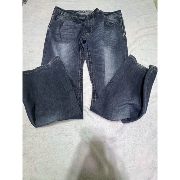 Mens Isaiah Jeans Dark Stone Wash Whiskers Size 40 L Regular Bootcut Christian - Picture 1 of 11